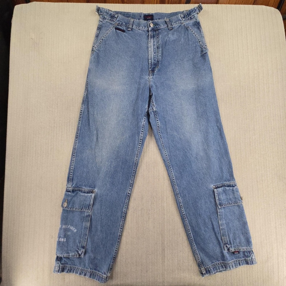 Vintage Tommy Hilfiger Jeans Mens 34x32 Blue Relaxed Fit Straight Cargo Buckles